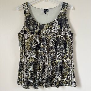 VTG Y2K Relativity Ruffle Floral Black Green Patterned Sleeveless Top Size L